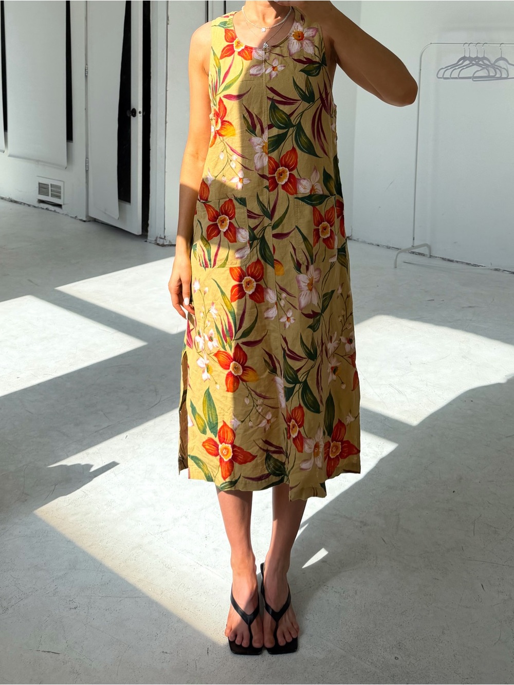 Vintage 90s Tan Linen Floral Midi Dress